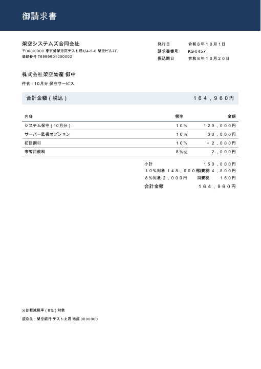 02 和暦・全角数字。税率10%と8%が混在 の請求書PDF